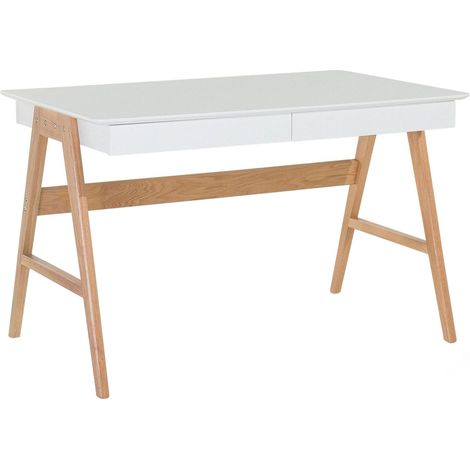 Table de Bureau 2 Tiroirs 120x70 cm en MDF et Bois de Chêne Blanc Laqué Sheslay