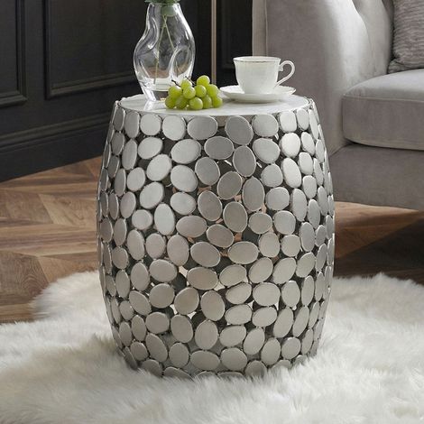 Table d'appoint ronde galet 40x46 cm en marbre et aluminium argenté