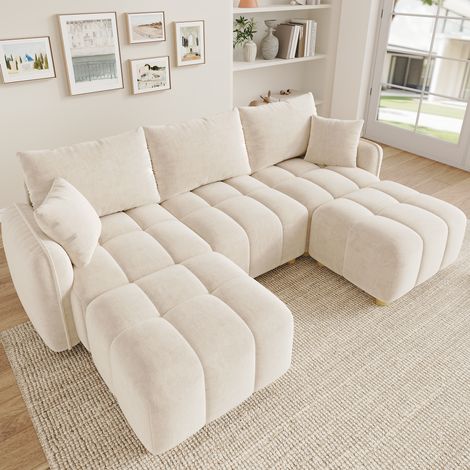 Canapé d’angle modulable 5 places avec méridienne coffre de rangement et coussins en chenille beige 219x136x84 cm (1/5)