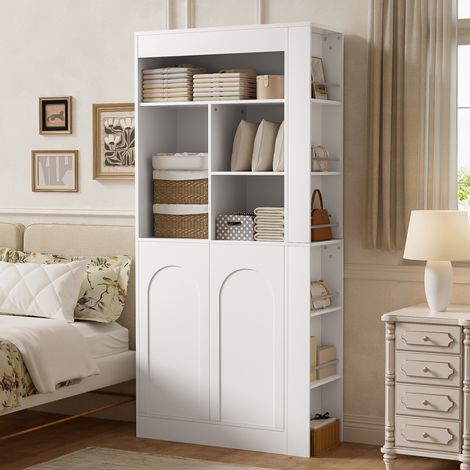 Armoire de rangement moderne multifonction, meuble haut avec étagère ouverte, 2 portes et compartiments latéraux, pour salon, salle à manger, bureau et chambre, blanc, 85x35x180cm (1/5)