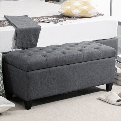 MODFU – Panchina contenitore imbottita 100x40x44 cm in poliestere con seduta sollevabile, piedini in legno, carico 120 kg e patini antiscivolo – Grigio scuro (1/5)