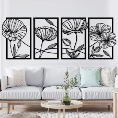 Set aus 4 schwarzen Metall-Wandskulpturen, 26 x 43 cm, die Lotusblumen in einem modernen und minimalistischen Stil darstellen. (1/5)