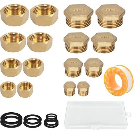 16 Pieces Brass Threaded Caps with Inner and Outdoor Threads, 05/10 08/13 15/21 20/27 Male Water Inlet Plug Tap, Hexagonal Brass Ouchon mit Storage Box (1/5)