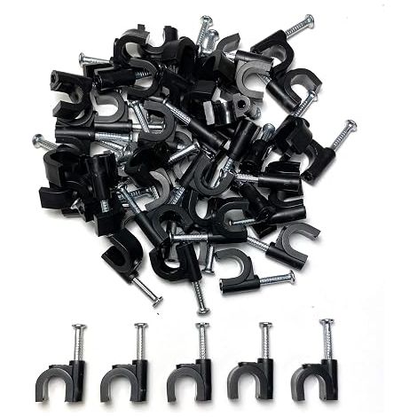 Black Round Cable Clips with Nail Fixings, Type K (8mm) (1/4)