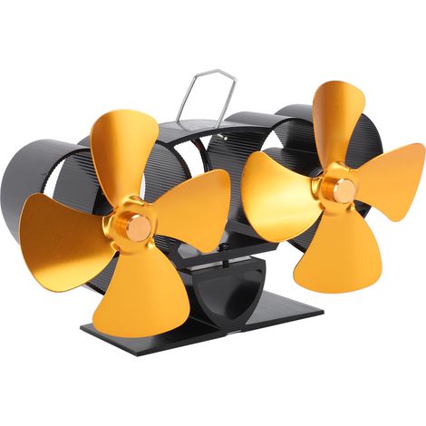 Ventilateur de poêle à gaz avec fonction de chauffage, en alliage d'aluminium, 4 pales, double tête, pièce de rechange pour ventilateur de cheminée, couleur or (1/5)