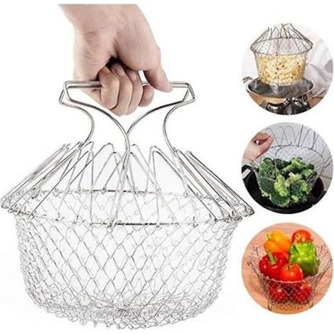 Panier Métal De Cuisson Rinçage Vapeur Pâtes Frites Légumes Salade Filet Passoire Pliable Cuisine Chef (1/4)
