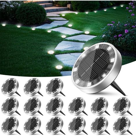 Lampe Solaire Au Sol Jardin Lot de 16, Lumiere Solaire Exterieur 8 LED, Étanche Spot Solaire Extérieur, Eclairage Solar pour Terrasse Allée Chemins Pelouse Cour Outdoor Garden, Blanc Froid [Classe éne (1/5)