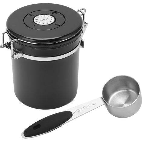 Boîte de conservation pour grains de café en acier inoxydable, hermétique, avec cuillère doseuse de 30 ml et fonction de suivi de la date. Capacité : 1,5 L, couleur noire. (1/5)