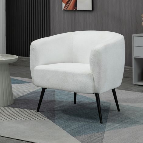 Fauteuil design en tissu effet laine bouclée avec accoudoirs pieds métal noir pour chambre salon 72 x 73 x 73 cm blanc