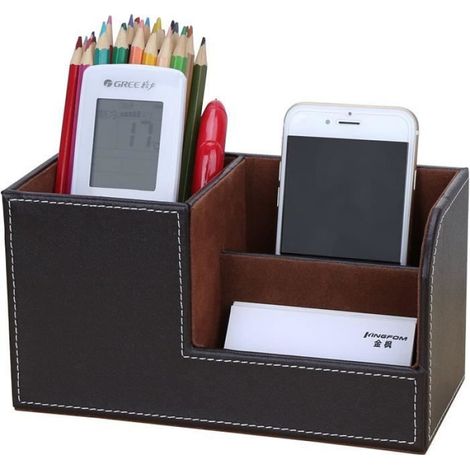 Organisateur Bureau - Pot À Crayons 3 Compartiments - Cuir Simili - 20,3 x 10 x 12 cm - Marron - 1 Pièce (1/4)