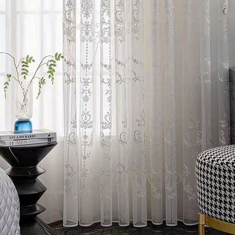 Lot de 2 rideaux en tulle brodé blanc, semi-transparents avec œillets, adaptés au salon et à la chambre (100 mm de large et 250 mm de haut) (1/5)