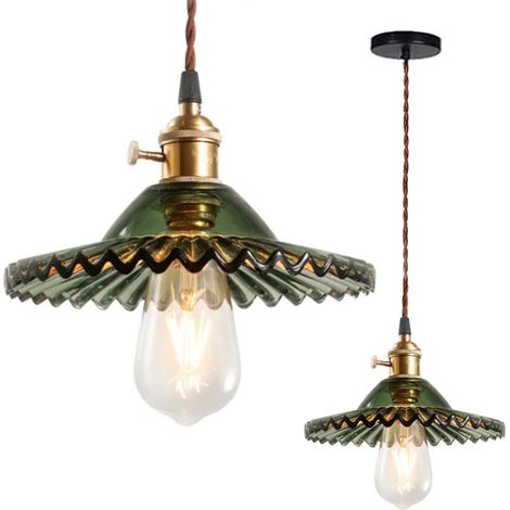 Lustre de plafond Edison industriel vintage moderne suspension décorative avec base en et abat-jour E27 laiton verre vert (1/3)