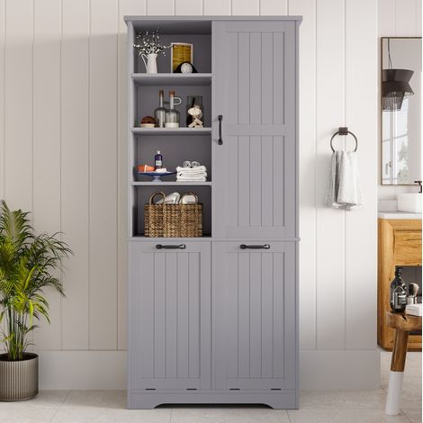 Armadio bagno 78x35x172,7 cm in MDF grigio con 2 cesti portabiancheria - MEUBLIV (1/5)