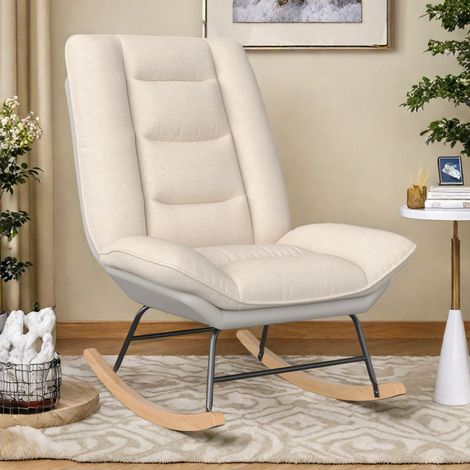 Fauteuil à bascule, grand fauteuil à bascule rembourré, dossier haut réglable, fauteuil à bascule en tissu, fauteuil de salon, fauteuil de lecture, fauteuil de chambre, beige (livraison depuis la Fran (1/5)