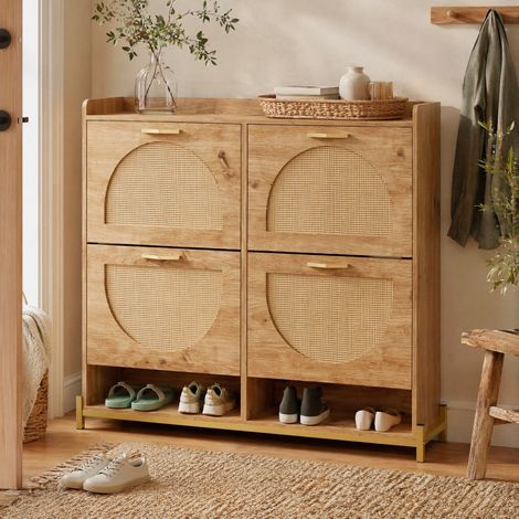 Zapatero de MDF efecto madera y ratán, 4 puertas, 108,5 x 24 x 100 cm DESVIAE (1/5)