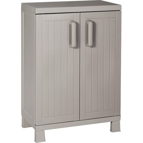 Toomax Armadio Wood Midi Basso 65x37x93h cm in plastica resistente effetto legno grigio tortora/grigio chiaro, con 2 ripiani regolabili e piedini, ideale per garage, cantine e spazi interni