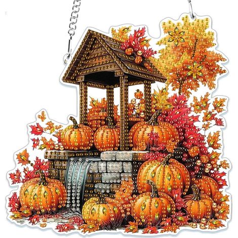Pendentif peinture diamant citrouille d'automne tableau de fenêtre kit de bricolage avec chaîne (1/4)