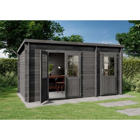 Alpholz – Abri de jardin Maria toit monopente avec annexe – Gris imprégné – Épaisseur paroi 40 mm – Dimensions 450 x 272 cm – Surface 9,89 m² (1/5)