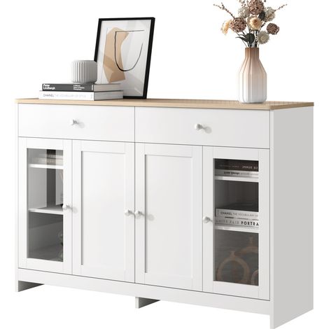 Buffet blanc et bois 120×37×80 cm – 4 portes et 2 tiroirs avec portes vitrées – Meuble de rangement pour salon et salle à manger (1/5)