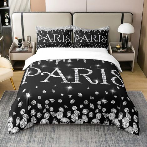 Tour Eiffel 100% Coton Housse de Couette 140x200cm Paris Glitter Diamond Garçon Fille Paris Decor Adolescent Noir Argent Parure de lit 100% Coton Respirant Literie - 140 x 200 cm + 1 taie d'oreiller 6 (1/5)