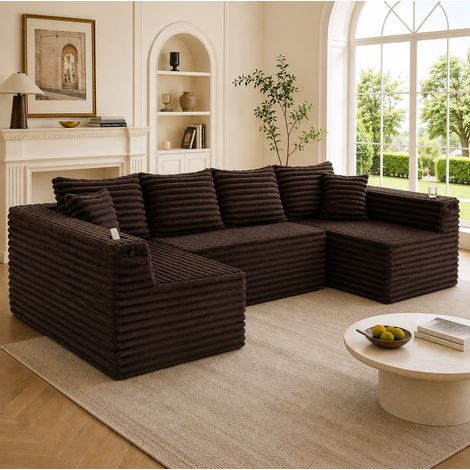 FloraGrace Canapé d’angle modulable U, 320 x 155 x 88 cm, velours côtelé, 3 colis, marron (1/5)
