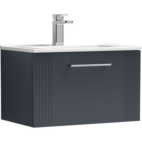 Belvide Partial Fluted 1 Drawer Wall Hung Vanity Unit with 1 Tap Hole Minimalist Basin - 600mm - Satin Dark Grey (1/4)