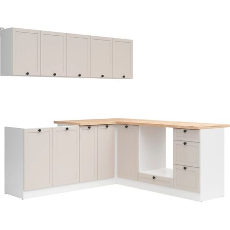 Cuisine d'angle complète 200x200 cm, Meubles de cuisine modulables coloris blanc/uni cachemire, plan de travail chêne doré inclus (1/5)