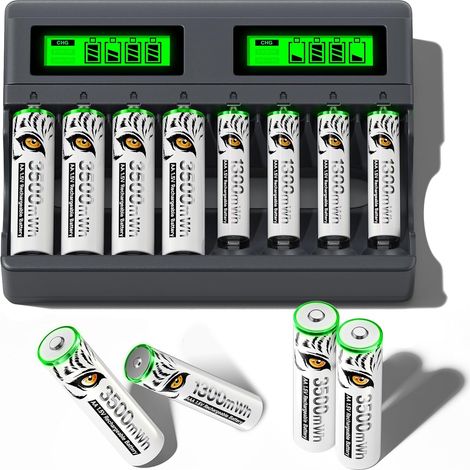 4 Piles AA 1,5 V Rechargeables avec Chargeur, 4 Piles Rechargeables au Lithium AAA avec 8 emplacements USB C Type-C Charge indépendante LCD Chargeur Rapide Intelligent pour Pile AA AAA (1/5)