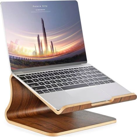 Support Ordinateur Portable Bois – Rehausseur PC/Mac Ergonomique – Compatible MacBook Pro, Bureau, Confort de Travail(Noyer)) (1/5)