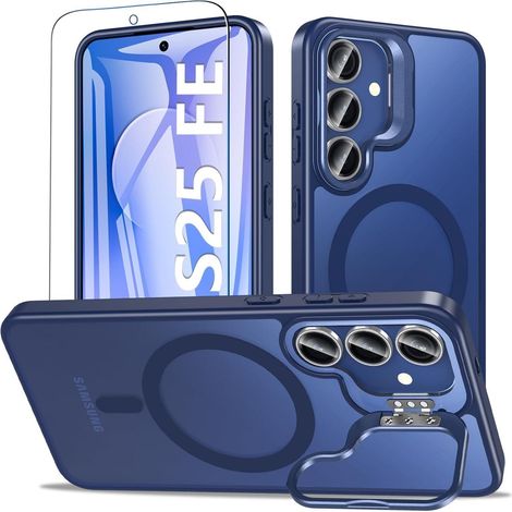 Coque magnétique avec support anneau et verre trempé pour Samsung Galaxy S25 FE bleu mat (1/5)