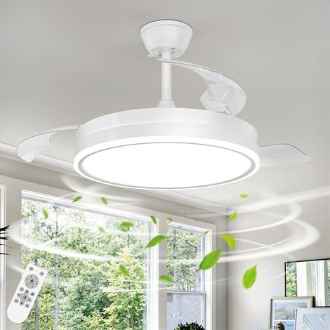 Ventilateur Plafond LED avec Telecommande, Silencieux Dimmable Lampe ventilateur de Plafond LED, Base en Métal, Cuivre Pur Moteur DC en Fort Débit D'air, Fonction mémoire, Certifié CE-RoHS, Blanc (1/5)