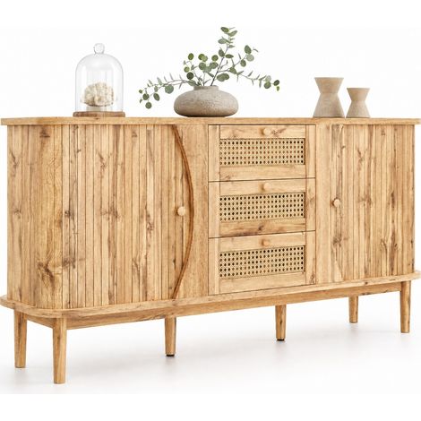 Buffet bas avec tiroirs en résine tressée, portes coulissantes et étagères réglables, plateau arrondi, bois clair, pour salon et entrée CHICFURN (1/5)