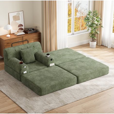 Poltrona letto 1 posto in velluto a coste con pouf, schienale alto e 2 portabicchieri verde (1/5)