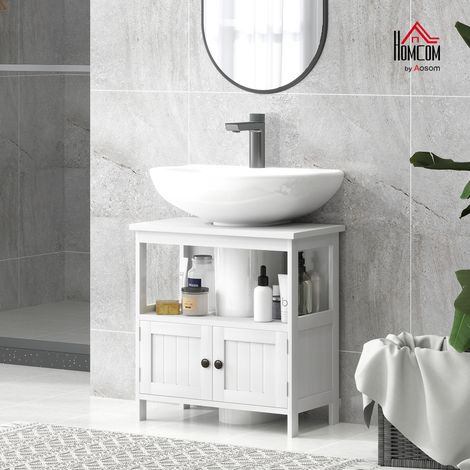 Waschtischunterschrank mit Ablage und Schrank, Unterschrank mit U-Ausschnitt und 2 Türen, modernes und platzsparendes Badmöbelstück, geeignet für Standwaschbecken, 60 x 30 x 60 cm, Weiß