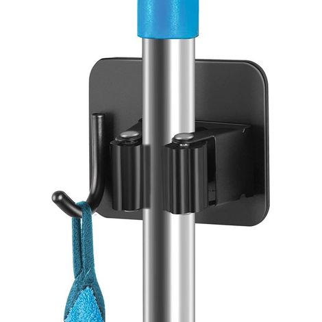 Soporte de pared de 2 piezas para escobas (con gancho), soporte de acero inoxidable para fregonas, gancho de pared inoxidable para escobas, no requiere perforación adicional, para el hogar, la cocina  (1/5)