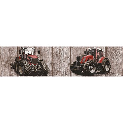 Frise murale chambre enfant | Frise papier peint imitation bois marron & tracteur rouge | Frise tapisserie chambre garçon motif tracteur - 5,00 x 0,13 m (1/3)