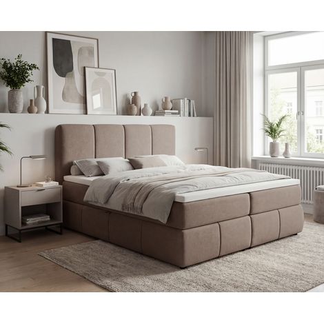 Emporius Lit continental 160 x 200 Sally avec rangement, matelas H3, surmatelas - tissu velours, Brun (1/5)