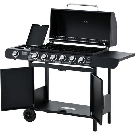 7-flammiger Gasgrill mit Thermometer, tragbarer Campinggrill, schwarz