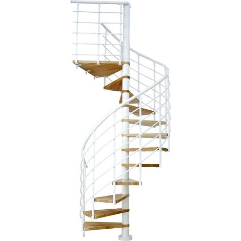 Dolle Spindeltreppe Oslo Ø160cm mit 273-299cm Geschosshöhe 12 Stufen 1 Podest Buche lackiert Geländer weiß, mitlaufende Kunststoffstäbe
