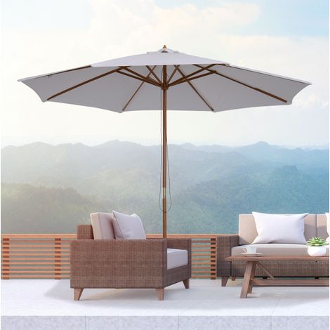 Parasol de jardin 300x300x250 cm blanc crème en bambou avec mât en bois et ouverture par cordon (1/5)
