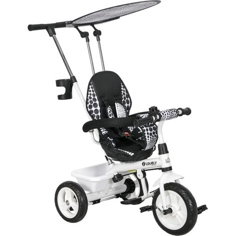 Tricycle 6 en 1 pour enfants avec barre de poussée, toit, harnais et panier, pour 1 à 5 ans, couleur blanche (1/5)