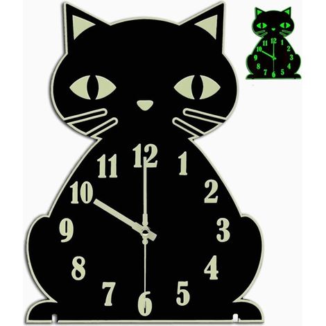 Horloge murale chat phosphorescente – Horloge lumineuse silencieuse pour chambre, salon, décoration intérieure, mignonne et unique pour enfants, amoureux des chats – Noir (1/4)