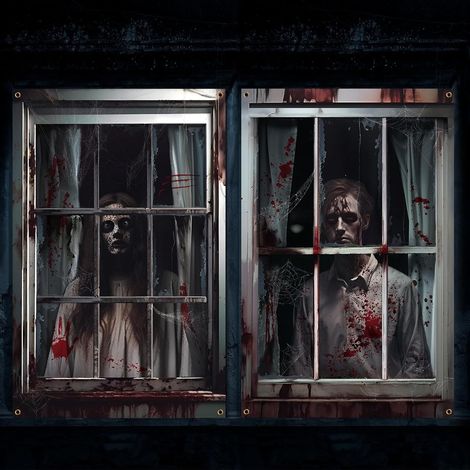 Décorations d'Halloween pour fenêtres : rideaux, guirlandes, ensemble deux pièces, fanions pour une fête d'Halloween sur le thème d'une maison hantée en extérieur - 80 x 120 cm (deux pièces) - NG-22