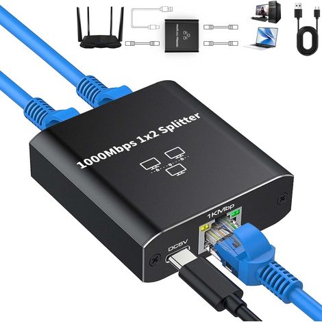 Switch Ethernet 2 Port, RJ45 Splitter 1000 Mbps,Switch Ethernet 1 à 2 avec Câble USB C, Plug&Play, pour Ordinateur, Commutateurs,Routeurs,Hub, ADSL,Boîtiers Décodeurs, Téléviseurs (1/5)