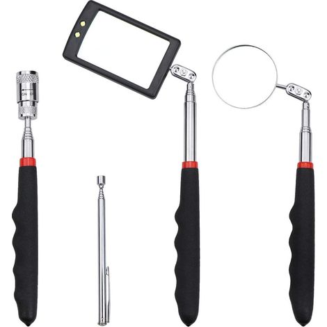 Set mit 4 teleskopischen Inspektionswerkzeugen: 1 quadratischer Spiegel mit LED-Beleuchtung, 1 runder Spiegel, 1 Magnetstab mit LED-Beleuchtung und 1 Magnetstift zum Aufnehmen von Metallgegenständen