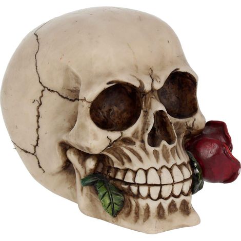 Statuetta decorativa a forma di teschio per la casa - Statua teschio e rosa della morte - 12 x 19 x 11 cm - Colore avorio