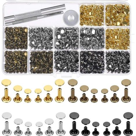 480 jeux de rivets en cuir à double capuchon - 3 tailles et 4 couleurs (6 mm/8 mm/8 mm) - Clous métalliques avec kit d'outils de montage 3 pièces - Pour le travail du cuir, la réparation et la décorat (1/5)