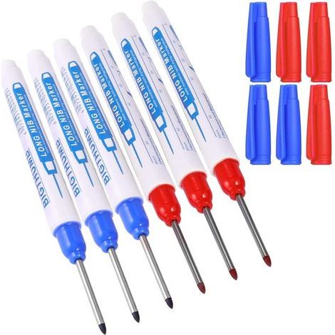BUNTHAUS 6 Stück Tieflochmarker, Zimmermannsmarker, 30 mm Permanentmarker mit feiner Spitze, Permanent-Filzstift zum Markieren an schwer zugänglichen Stellen (Blau Rot)