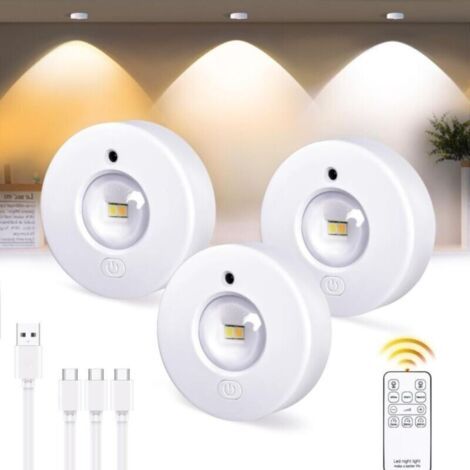 3 Spot LED Sans Fil Rechargeable, 1200mAh Lumiere LED Vitrine Spots Cuisine Sous Meuble Autocollant avec Touche et Télécommande Lampe sans Fil (1/5)