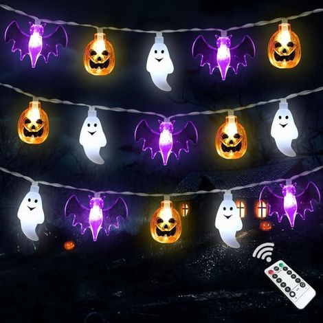 Guirlande lumineuse d'Halloween, 4,5 mètres, 30 LED, étanche, motif citrouille 3D, chauve-souris et fantôme, fonctionne sur piles avec minuterie - Décorations lumineuses féériques pour Halloween (1/3)